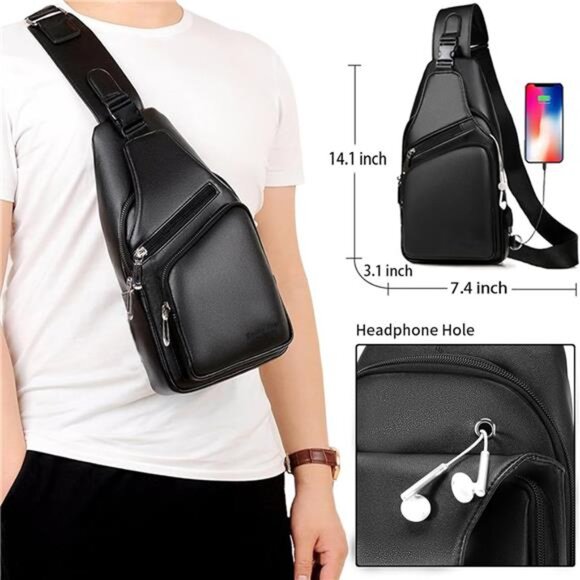 Men Leather Sling Bag Purse Waterproof Crossbody Chest Bag Sling Backpack - Picture 2 of 7